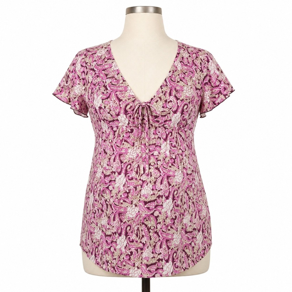 New Addition Maternity Top Large Pink Paisley Floral Tie Front Rayon Blouse
